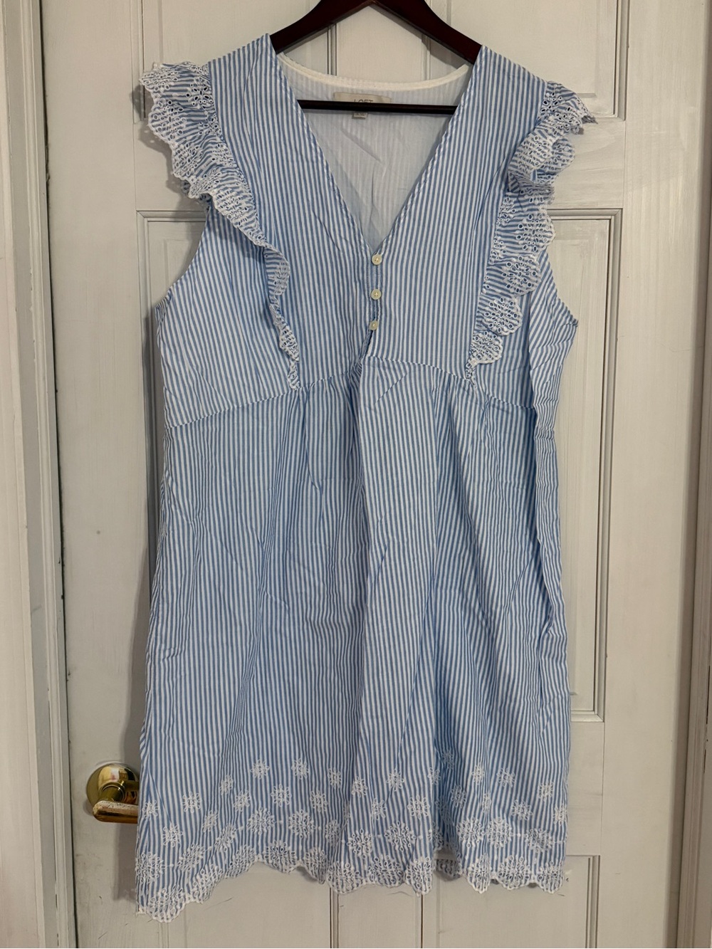 LOFT Women's Blue & White Striped Eyelet Ruffle Swing Dress Size XL